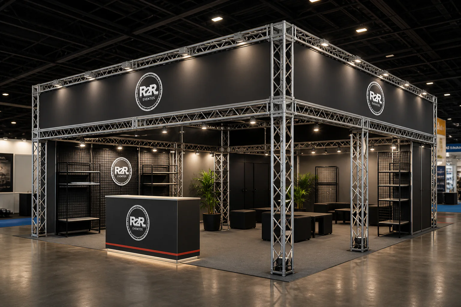 Stand em contexto profissional de evento
